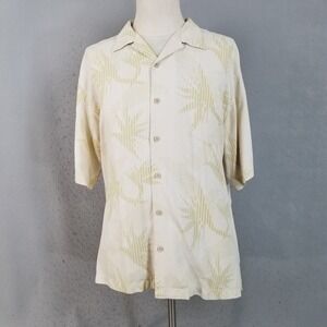 Tommy Bahama Shirt Mens L Cream Silk Camp Tropical Bird of Paradise Jacquard